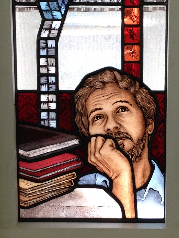 Detail of "Mathematicians" a stained glass portrait of Sir Roger Penrose and student by Debora Coombs