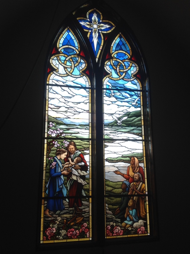 Hanna Memorial window. Stained glass by Debora Coombs for Trinity Episcopal, Branford CT showing the Holy Family by the Sea.